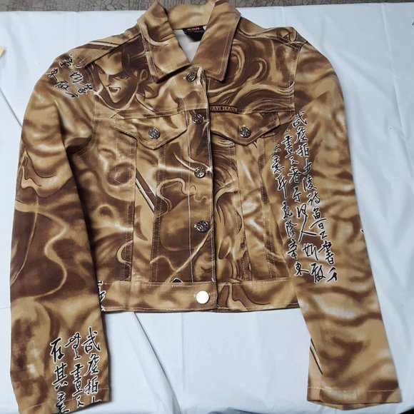 Navi Jeans Vintage Denim Jean Jacket Japanese Anime Design Gold Tie-Dye Size S - Picture 1 of 11